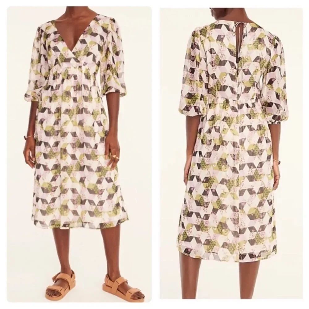 J. Crew Midi Dress Womens Size 4 Lurex Chiffon Patchwork Print Puff Sleeve